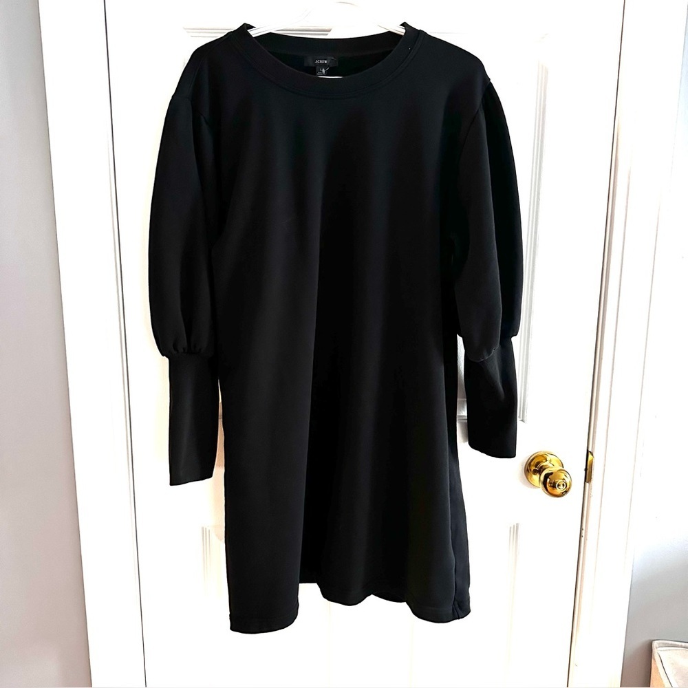 J.Crew Jersey Sweater Dress, Black, Size L, Puffy Upper Sleeves, EUC